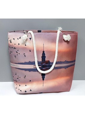 Pileli Store Galata Kulesi Desenli Plaj Çantası
