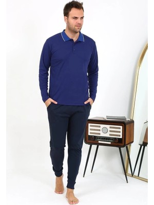Pileli Store Erkek Polo Yaka Uzun Kol Penye Pijama Takımı Lacivert