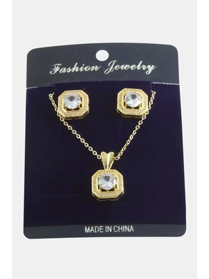 Pileli Store Kare Zirkon Taşlı Set Kolye