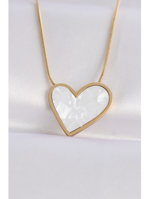 Pileli Store 316L Çelik Zincir Gold Renk Mermer Desenli Kalp Kolye