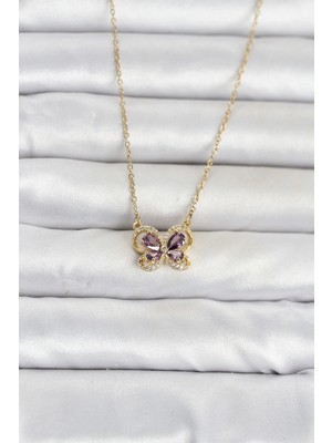 Pileli Store 316L Çelik Zincir Gold Renk Mor Model Kadın Kolye TJ-BKO11100