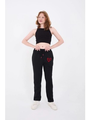 Pileli Store Oversize Boru Paça Baskılı Eşofman Pantolon - Siyah