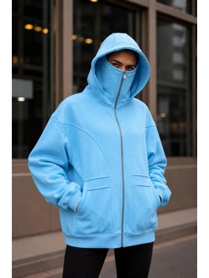 Pileli Store Kadın Maskeli Ninja Model Çift Kapüşonlu 3 Iplik Şardonlu Fermuarlı Oversize Sweatshirt - Beb