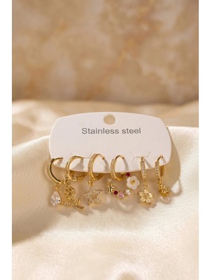 Pileli Store 316L Çelik Gold Renk Çiçek Detaylı Kadın Küpe Seti TJ-BKP12090