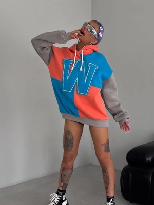 Pileli Store W Nakış Işlemeli Kapüşonlu Sweatshirt - Mavi