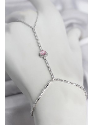 Pileli Store Gümüş Renk Pirinç Zirkon Taşlı Pembe Kalp Model Şahmeran TJ-SN772