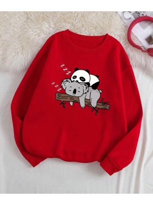 Nigrum Pardus Nıgrum Pardus Uyuyan Panda ve Koala Baskılı %100 Pamuk Şardonlu Kışlık Büyük Beden Kadın Sweatshırt