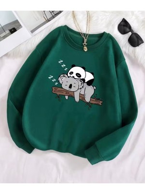Nigrum Pardus Nıgrum Pardus Uyuyan Panda ve Koala Baskılı %100 Pamuk Şardonlu Kışlık Büyük Beden Kadın Sweatshırt