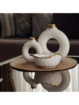 My Elfa Dekoratif Modern Tasarım 2'li Halka Vazo ve Mum Kase Set Gold Beyaz