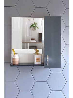 Tr Aynalı Raflı Banyo Dolabı 60 cm Mdf Üst Modül Antrasit