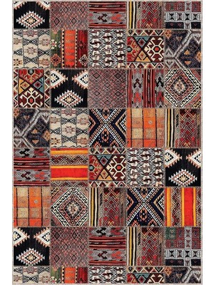 Tr Kaymaz Tabanlı Makinede Yıkanabilir Patchwork Rulo Yolluk Halı, Turuncu, 80 x 300