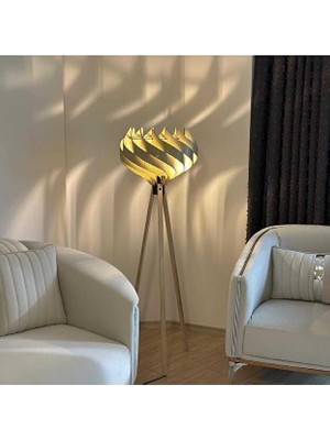Tr Ahşap Tripod Lambader, Modern Dekoratif Salon Lambası, Krem Renk 3 Ayaklı Ayaklı Lamba, Oturm
