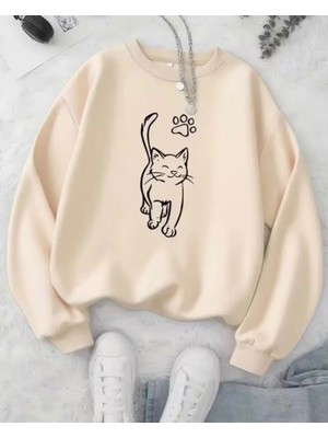Nigrum Pardus Nıgrum Pardus Büyük Beden Keyifli Kedinin Patisi Baskılı %100 Pamuk Şardonlu Kışlık Oversize Kadın Sweatshırt