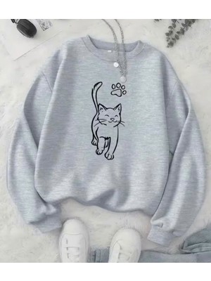 Nigrum Pardus Nıgrum Pardus Büyük Beden Keyifli Kedinin Patisi Baskılı %100 Pamuk Şardonlu Kışlık Oversize Kadın Sweatshırt