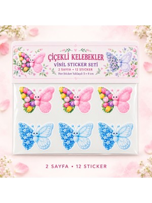 Tişört Kodu Çiçekli Kelebekler Vinil Sticker Seti – 2 Sayfa 12’li Dekoratif Sticker