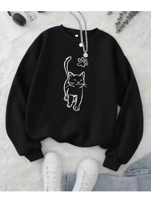 Nigrum Pardus Nıgrum Pardus Büyük Beden Keyifli Kedinin Patisi Baskılı %100 Pamuk Şardonlu Kışlık Oversize Kadın Sweatshırt