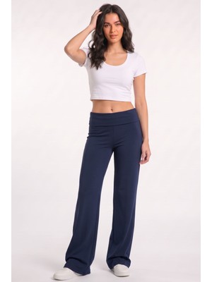 Cotton Lab Beli Katlanır Lastikli Flare Ispanyol Paça Pantolon, Bel Katlamalı Tayt