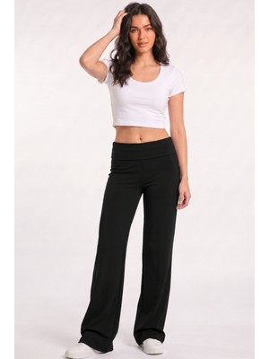 Cotton Lab Beli Katlanır Lastikli Flare Ispanyol Paça Pantolon, Bel Katlamalı Tayt
