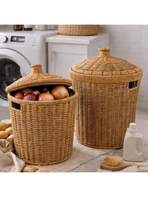 Tr Kapaklı Rattan Patates Soğan Saklama Sepeti 2'li Set – Kiler/mutfak Organizer, Doğal Hasır