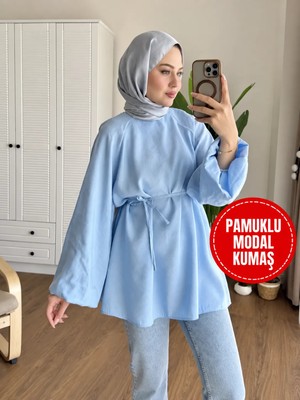 Moonsc Kadın Balon Kol Bel Bağlamalı %100 Pamuk Bisiklet Yaka Standart Beden Mavi Tesettür Gömlek