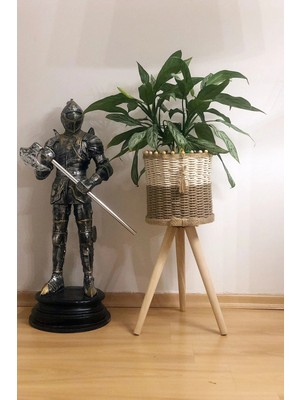 Monchi Jüt Örgü Ayaklı Hasır Sepet Sepet Ahşap Saksılık Çiçeklik Natürel/beyaz Ip Örgü 46CM Ayak