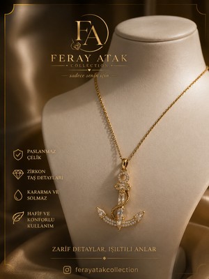 Fersel Gold Renk Zirkon Taşlı Çapa Figürlü Kolye