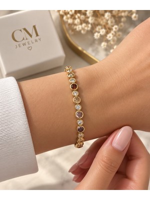 İdilce Gold Renkli Zirkon Taşlı Kadın Bileklik 17+2 cm