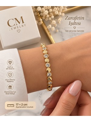 İdilce Gold Yuvarlak Plaka ve Zirkon Taşlı Kadın Bileklik 17+2 cm