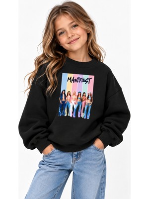 Fasardi Manifest Girls Tasarım Baskılı Oversize Şardonsuz Uzun Kollu Kız Çocuk Sweatshirt