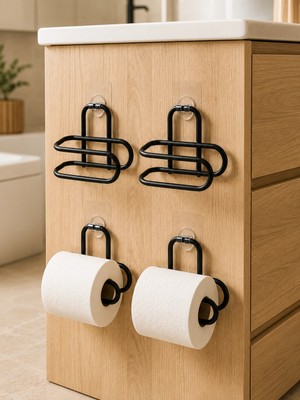 Orevio Siyah 4 Adet Metal Tuvalet Kağıdı Tutucu Kendinden Yapışkanlı Delmeden Montaj Banyo Askısı