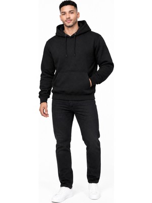 Justas : Erkek Siyah Kapüşonlu Kanguru Cepli Sweatshirt