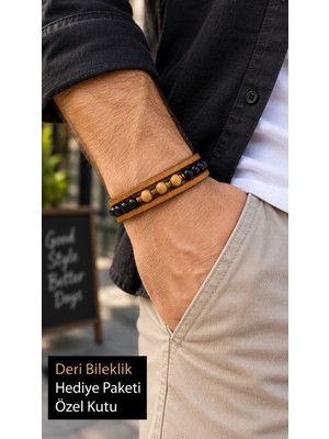 Herşey Nota Nerthos Honeybead Bal Kahverengi Deri Erkek Bileklik - Siyah Boncuklu Çok Sıralı