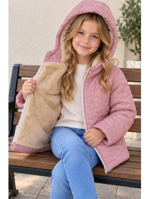 Dublino Kids Çiçekli Kız Çocuk Su ve Rüzgar Geçirmez Kapüşonlu Mont