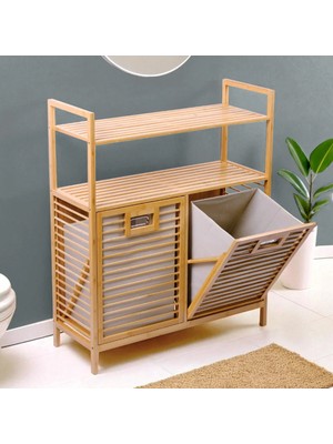 Store Kirli 2 Kat Organizer Raflı - 2 Bölmeli Önden Çek Aç Kalın Ahşap Bambu Kirli Çamaşır Sepeti 80X33X87CM
