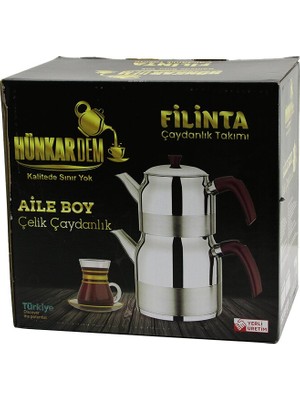 Store Filinta Aile Boy Çelik Çaydanlık Seti Çift Kapaklı Renkli Bakalit Kulp Üst Demlik: 1.5lt - Alt Suluk: 3lt Kendinden Süzgeçli