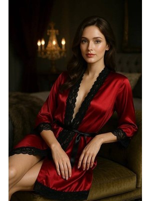 Intive Lingerie Kadın Kırmızı Saten ve Dantel Detaylı Sabahlık