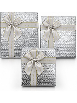 Store 3pcs Kare Parlak Mix Renkli - Kabartma Desen Karton Hediye Kutusu Kurdelalı 19-17-15CM