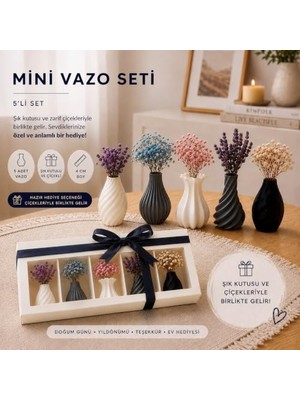 Orevio Şık Kutulu Mini Vazo Seti Kurutulmuş Çiçeklerle, 5'li Set, 4 cm Boy, 5 Farklı Tasarım, Kurdeleli Kutu, Siyah ve Beyaz Vazolar, Masa Dekorasyonu