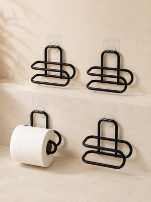 Store 4 Adet Yapışkanlı Tuvalet Kağıdı Askısı Siyah Metal Delmeden Duvara Monte Wc Kağıtlık