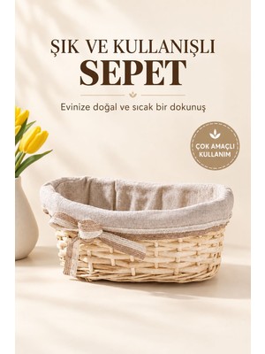 Taçev Hasır Ekmeklik Banyo Dekoratif Sepet Oval Rattan Bezli