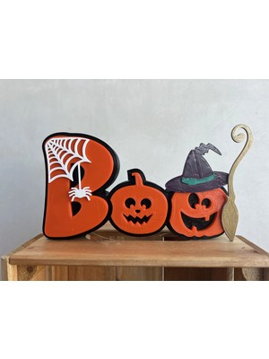 Store 3D Baskı Boo Yazılı Halloween Masa Süsü Örümcek Ağı Balkabağı Detaylı Cadılar Bayramı Dekoru Turuncu Siyah