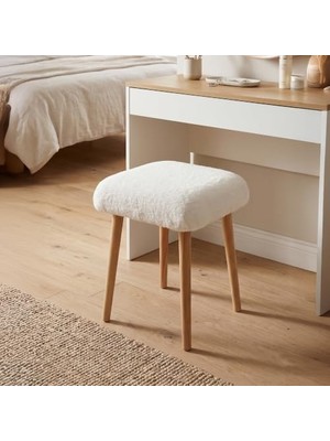 Orevio Bej Peluş Tabure 38 x 38 x 48 Cm; Teddy Kumaş Makyaj Masası Taburesi, Antre Salon ve Yatak Odası Için