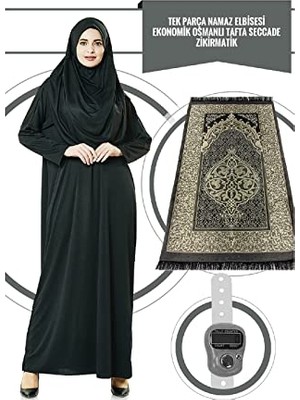 Orevio Tek Parça Namaz Elbisesi; Siyah, 5015 ve Seccade ve Zikirmatik, Üçlü Takım Siyah Battal