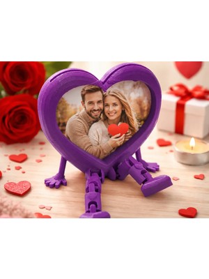 Store 3D Baskı Aşk Kalpli Fotoğraf Çerçevesi - Hareketli Bacaklı Masaüstü Çerçeve-Mor