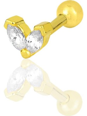 Orevio Gümüş Altın Yaldızlı Zirkon Iki Taşlı Tragus Helix Piercing Küpe [barcode]