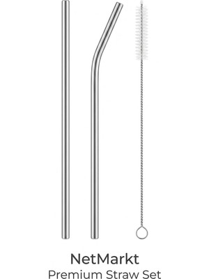Store Paslanmaz Çelik Pipet Seti - 2 Adet Tekrar Kullanılabilir Metal Pipet (1 Düz, 1 Eğri) ve 1 Adet Temizleme Fırçası, Çevre Dostu, Bulaşık Makinesinde Yıkanabilir Ekolojik Pipet Seti