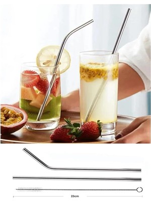 Store Paslanmaz Çelik Pipet Seti, 2 Adet 21 cm Pipet ve Temizleme Fırçası Çevre Dostu, Gümüş, Ev Restoran Kullanımı Için