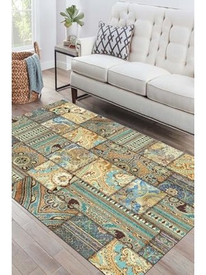 Orevio Node Patchwork Desenli Şönil Salon Halısı, Pamuk Tabanlı, Yıkanabilir, Kaymaz, Antibakteriyel, 80X300