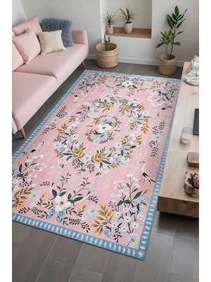 Orevio Velda Çiçekli Şönil Kaymayı Önleyici Doğal Pamuk Tabanlı Yıkanabilir Antibakteriyel Çevre Dostu Salon Halısı 140X200