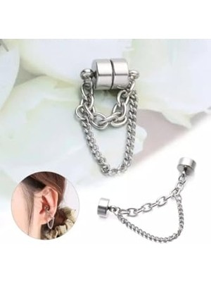 Orevio Gümüş Çift Zincirli Mıknatıslı Deliksiz Kıkırdak Küpe Piercing, Unisex